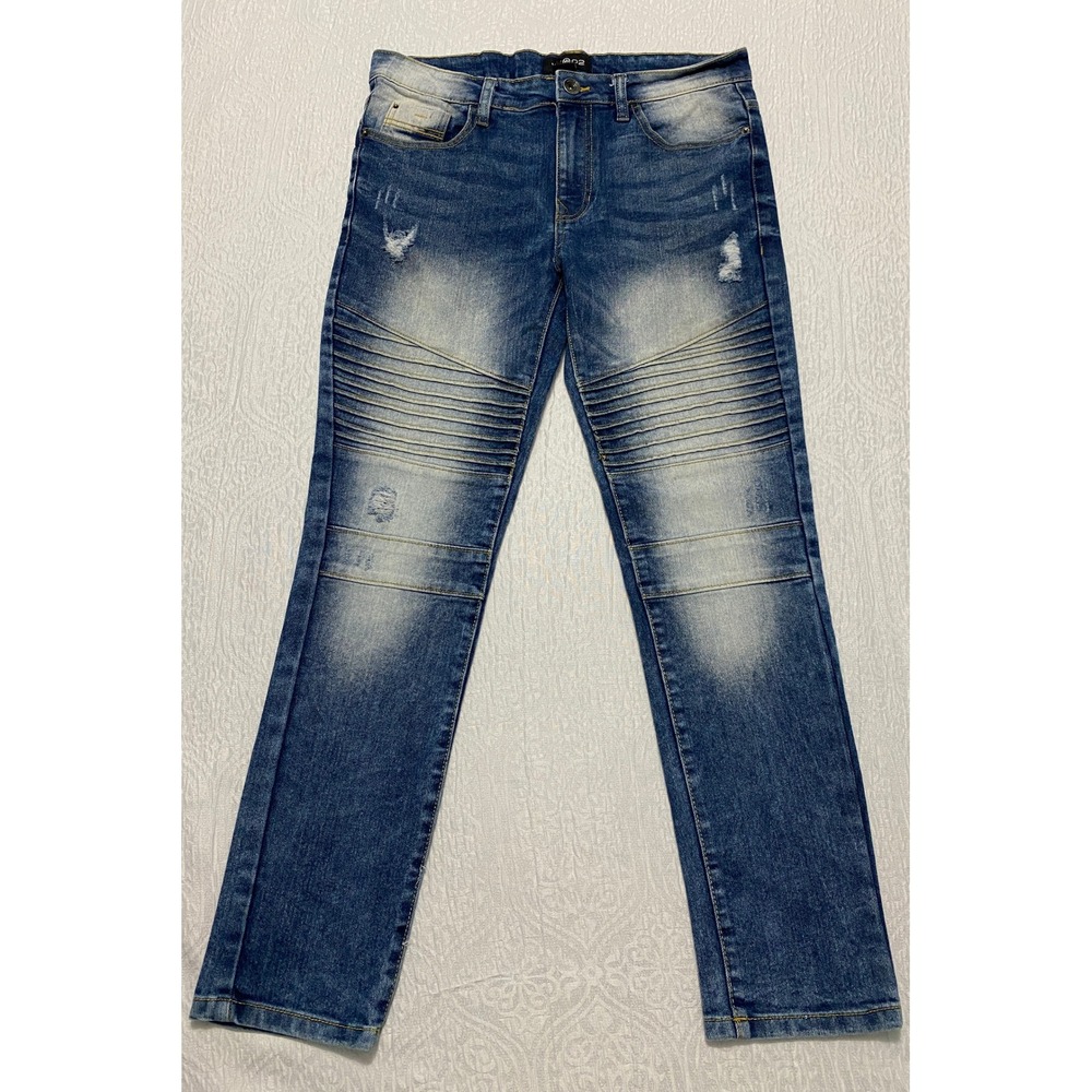 WT02 Moto Biker Jeans Men's‎ Size 32x30 Blue Skinny Stretch Distressed Ribbed